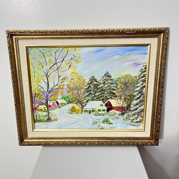 Original Artwork Framed Winter Village Scene Painting By B. Hummer - Picture 2 of 9